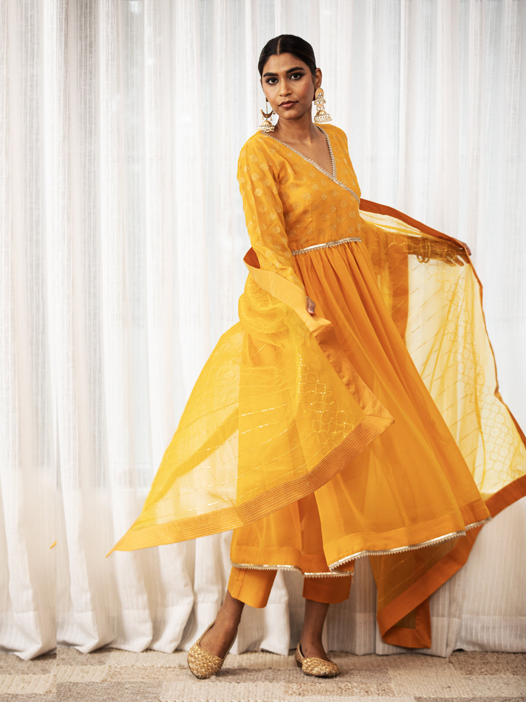 Ghoomar- Yellow Angrakha Anarkali Kurta Set with Dupatta