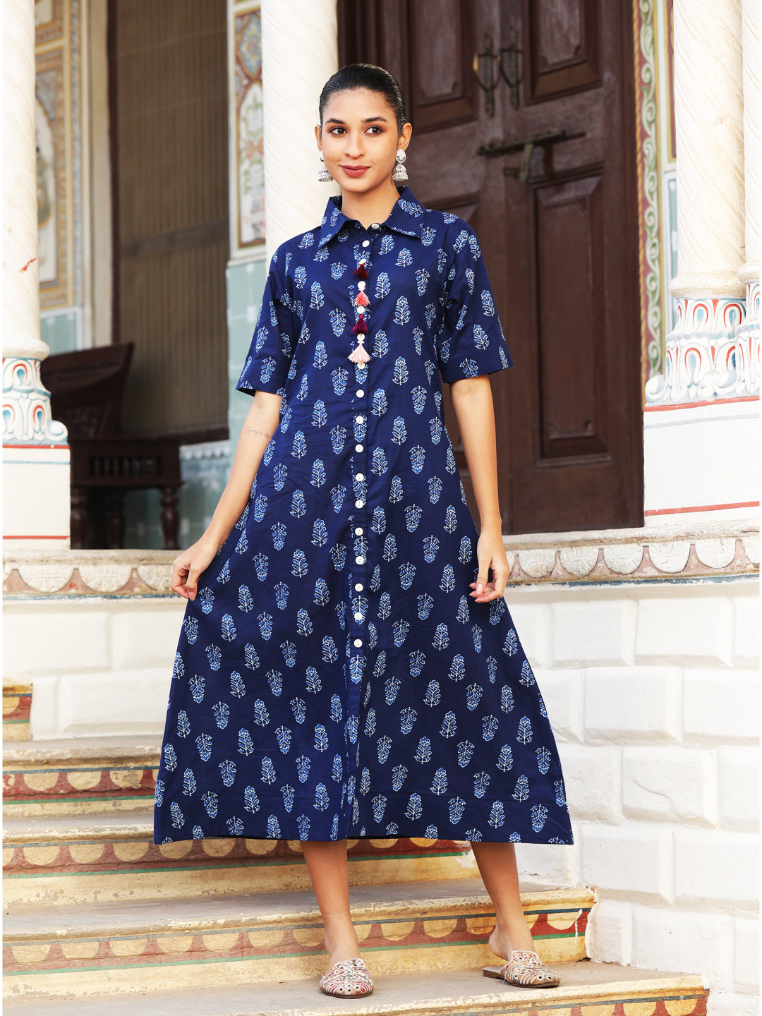 JULI- Women Indigo Blue Printed Cotton Button-Down Shirt Dress with Side Pockets