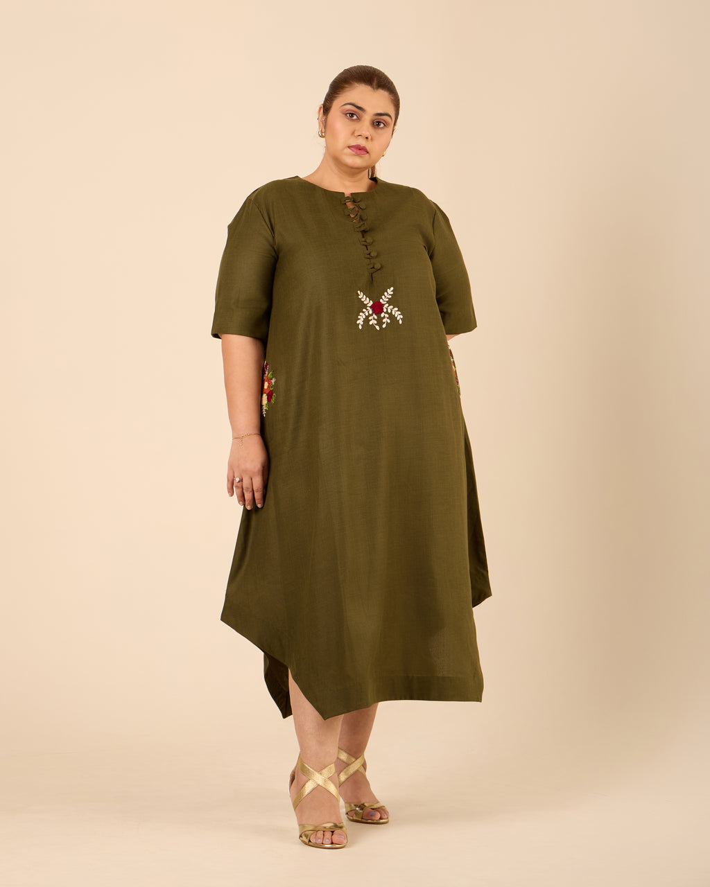 Gulbaani- Oversized A-line Embroidered Midi Dress Olive green