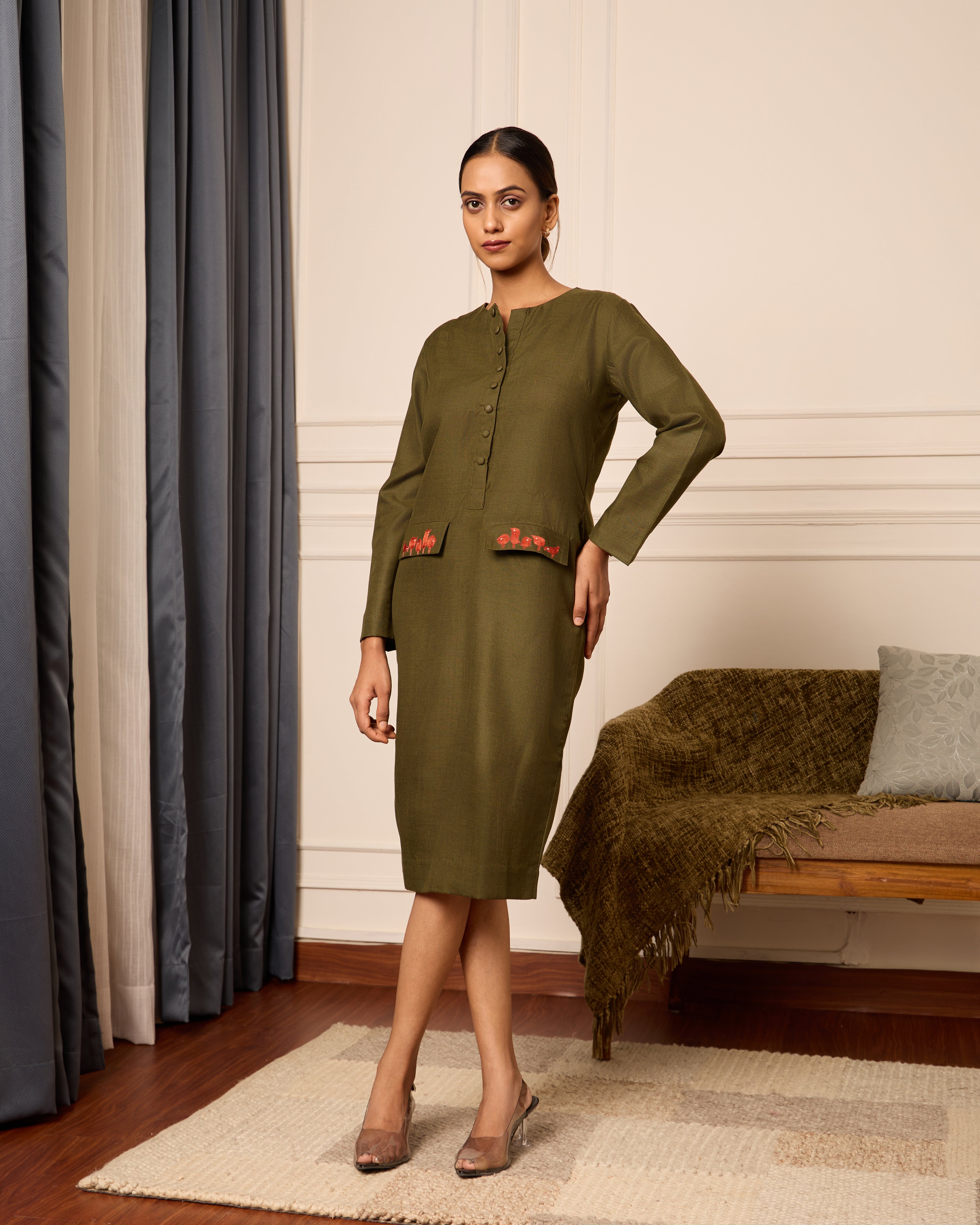 Sambandh- Knee Length Bodycon Dress with Flap Pocket