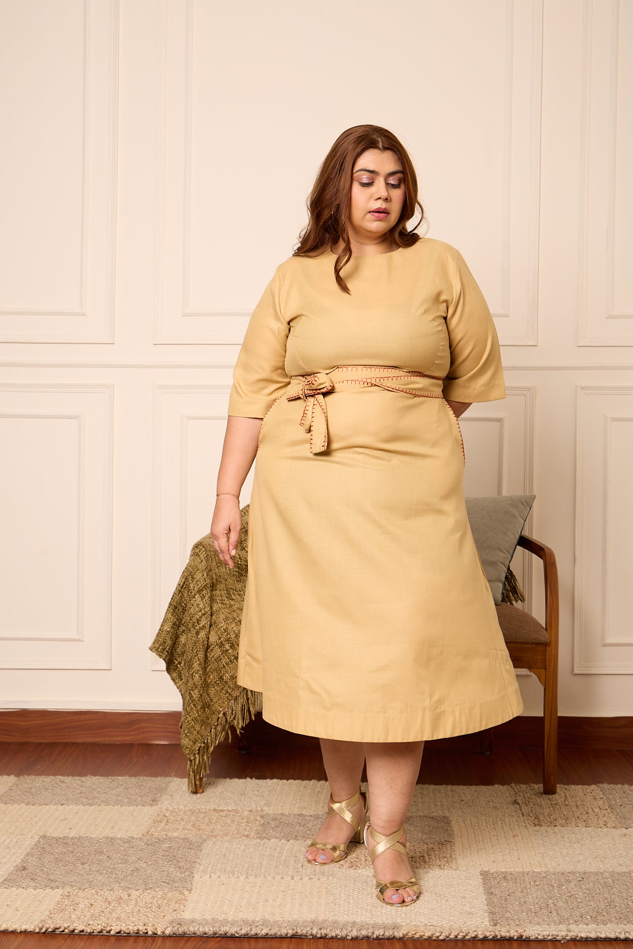 Zaroori- Fit & Flare Midi Dress with Long Belt Beige