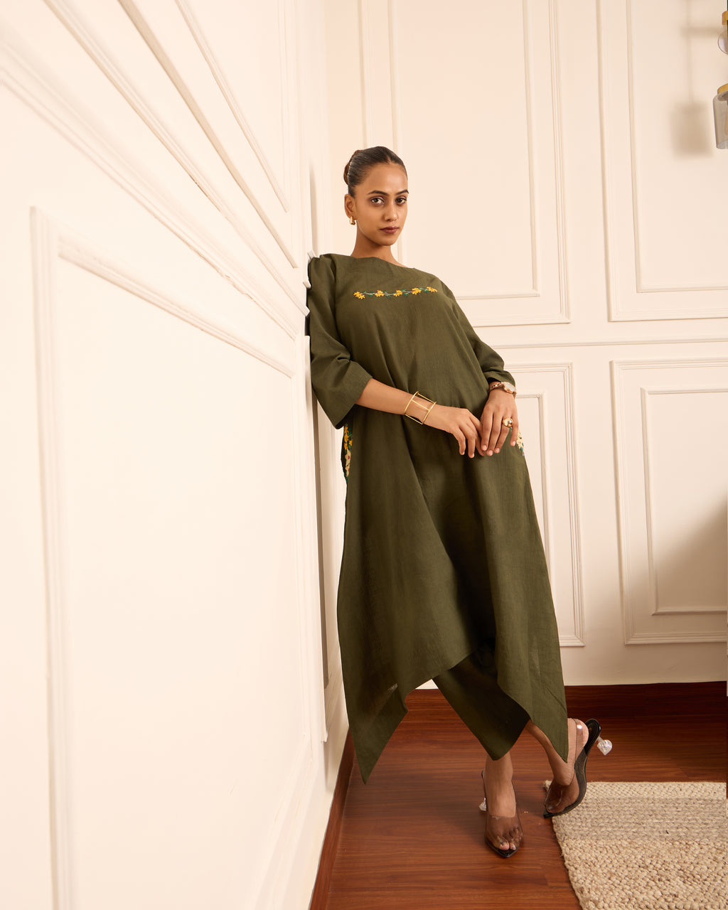 Gehraai- Long Asymmetric Embroidered Kurta with Palazzo