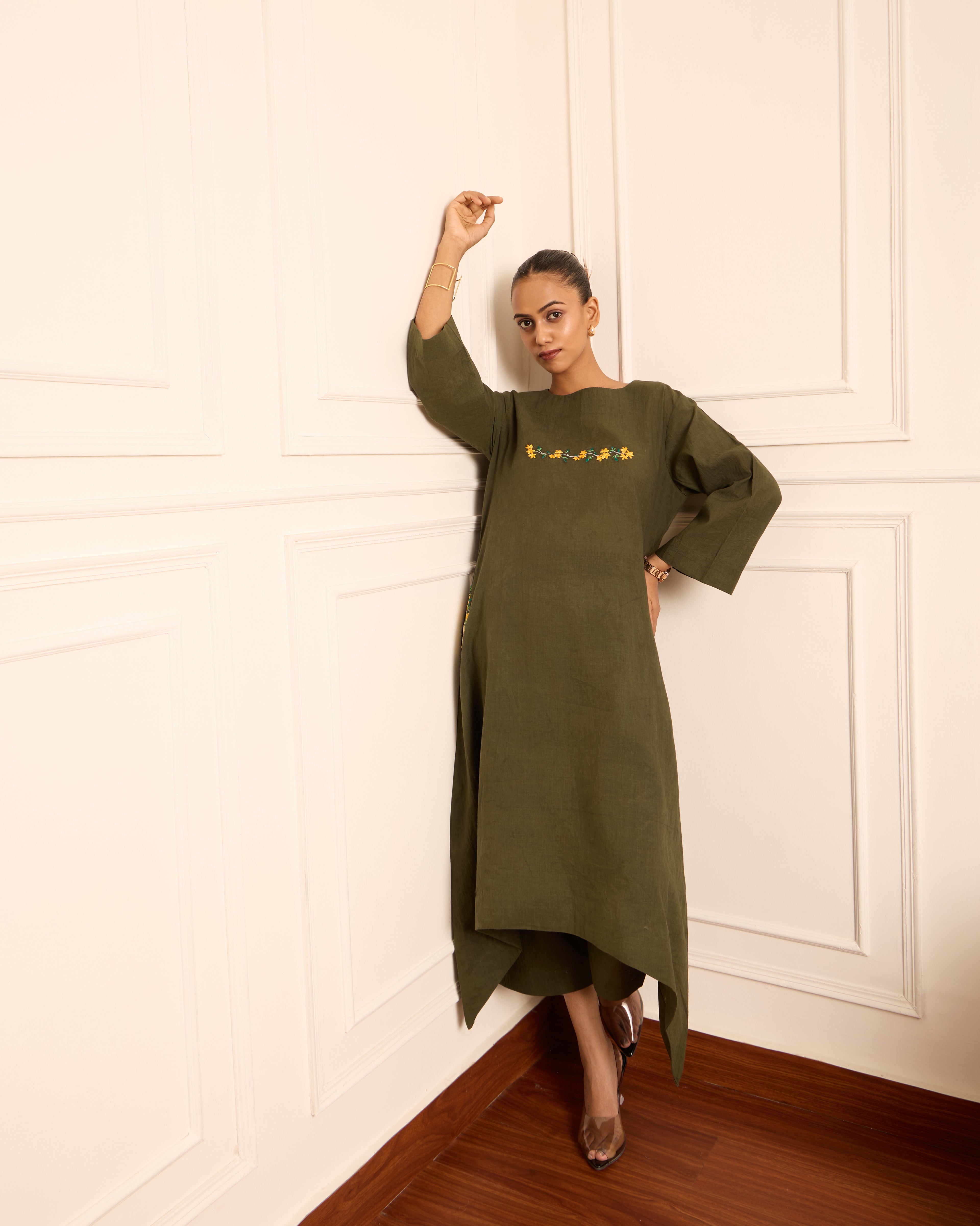 Gehraai- Long Asymmetric Embroidered Kurta with Palazzo