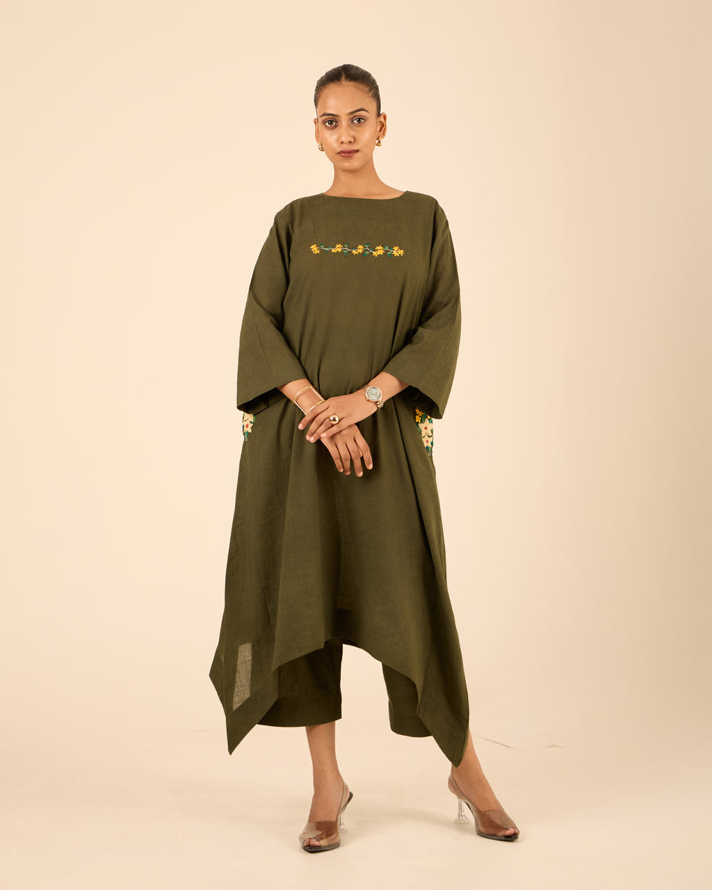 Gehraai- Long Asymmetric Embroidered Kurta with Palazzo Olive green