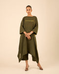 Gehraai- Long Asymmetric Embroidered Kurta with Palazzo Olive green