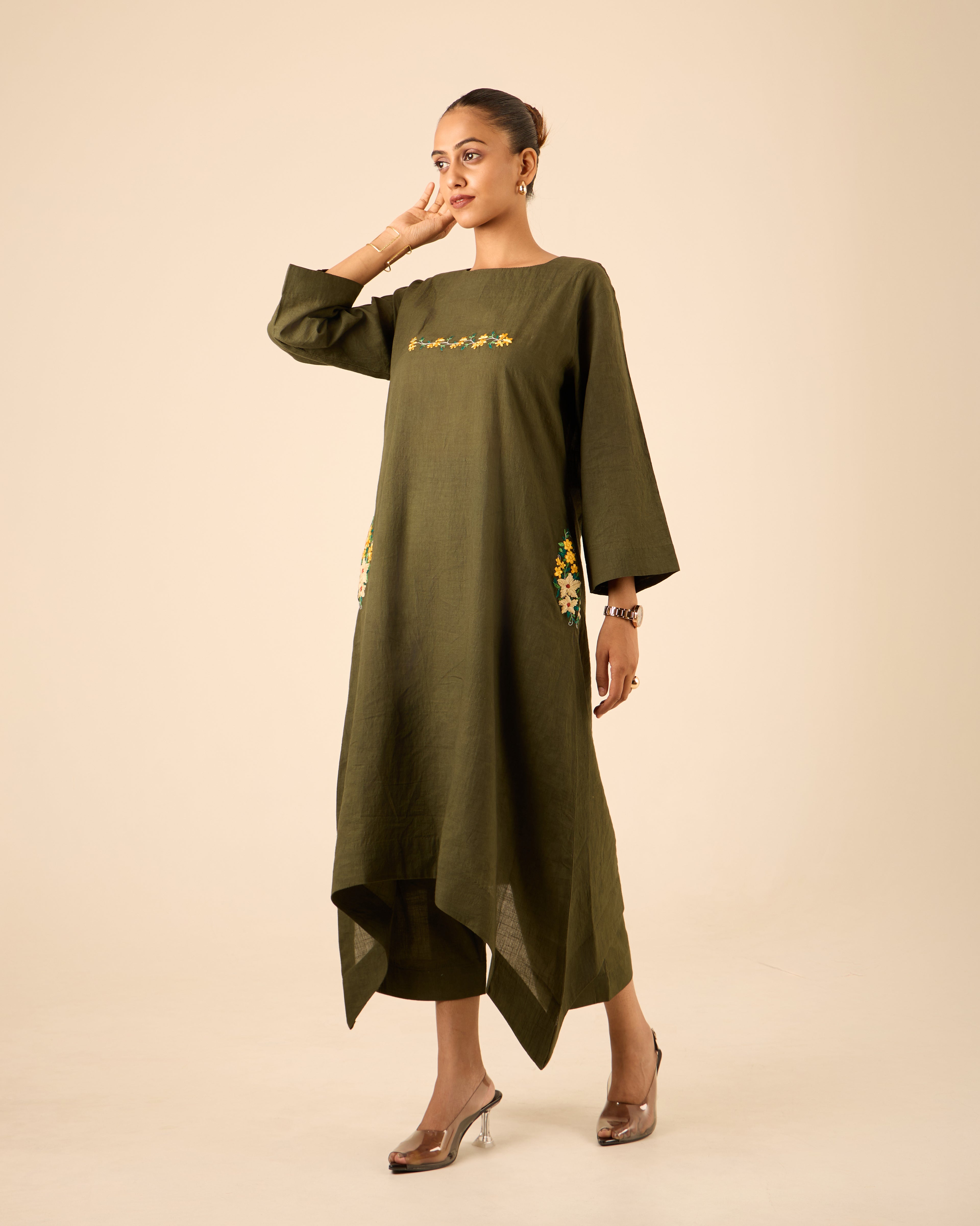 Gehraai- Long Asymmetric Embroidered Kurta with Palazzo