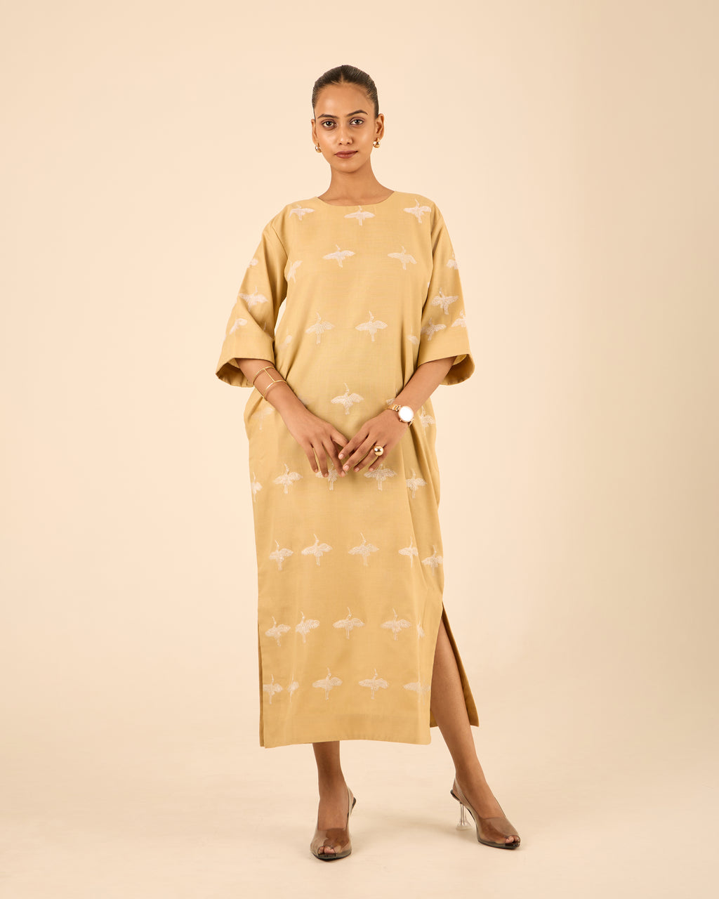 Riwaz- Long Straight Fit Kaftan Dress Beige