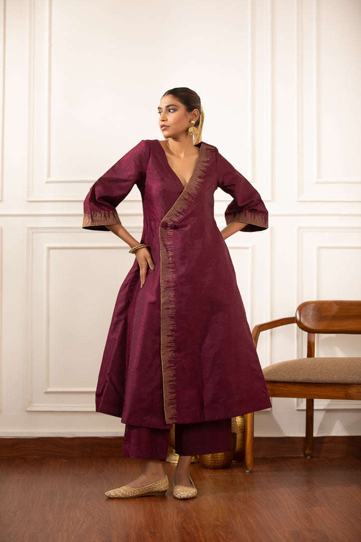 Taabir- A-line Angrakha Wrap Kurta Set Purple