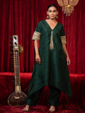 Abha - Green V-Neck Zari Kurta with Lace Detail, Side Pocket & Palazzo Set Olive green