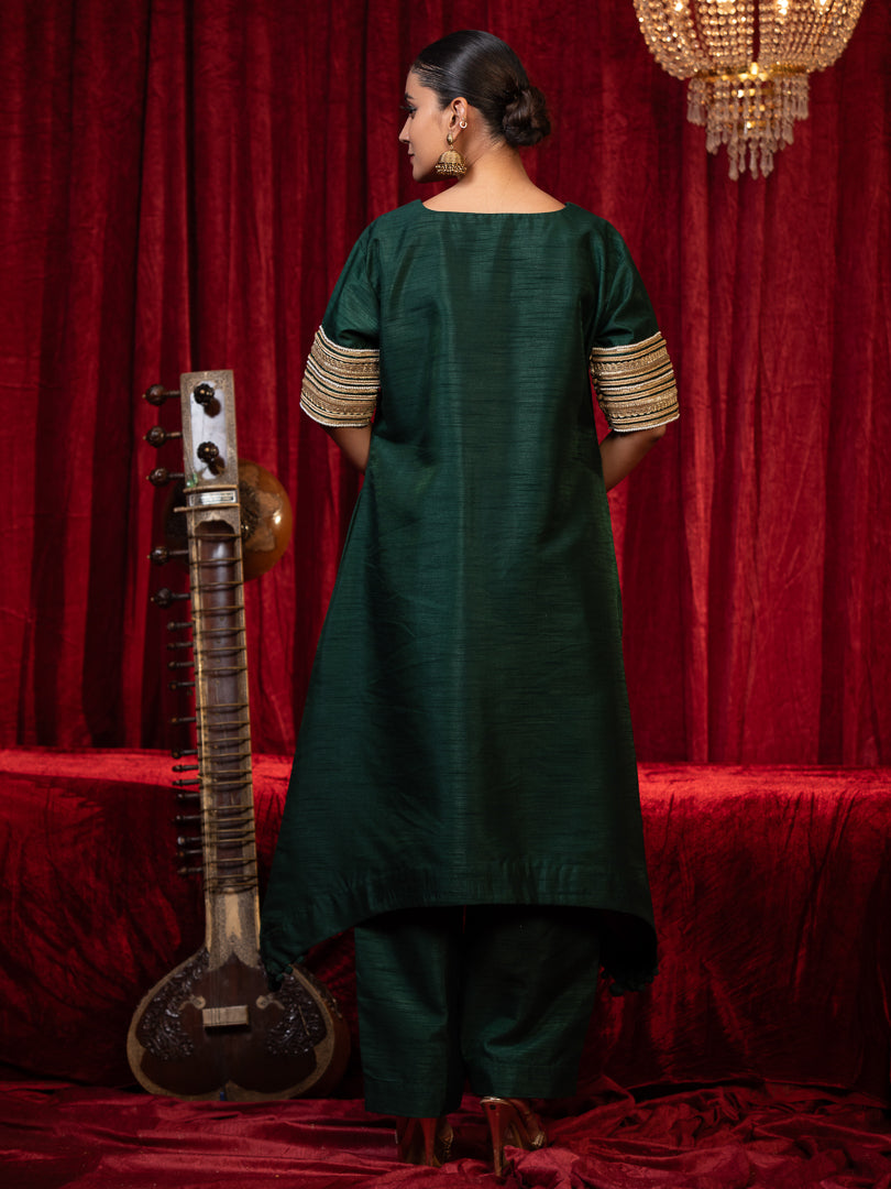 Abha - Green V-Neck Zari Kurta with Lace Detail, Side Pocket & Palazzo Set