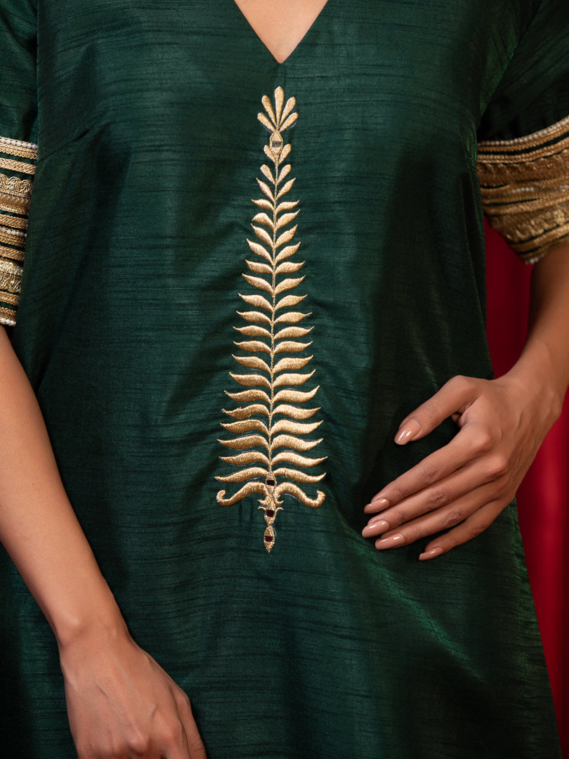 Abha - Green V-Neck Zari Kurta with Lace Detail, Side Pocket & Palazzo Set