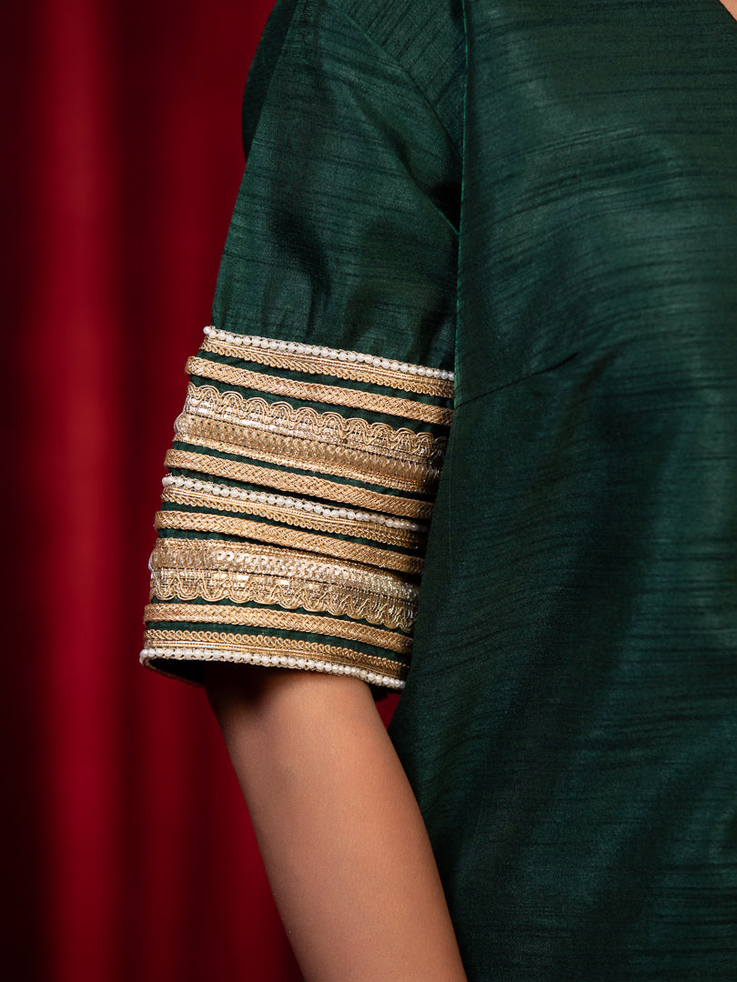 Abha - Green V-Neck Zari Kurta with Lace Detail, Side Pocket & Palazzo Set