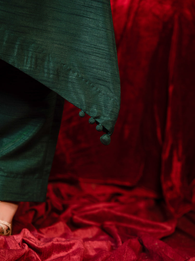 Abha - Green V-Neck Zari Kurta with Lace Detail, Side Pocket & Palazzo Set