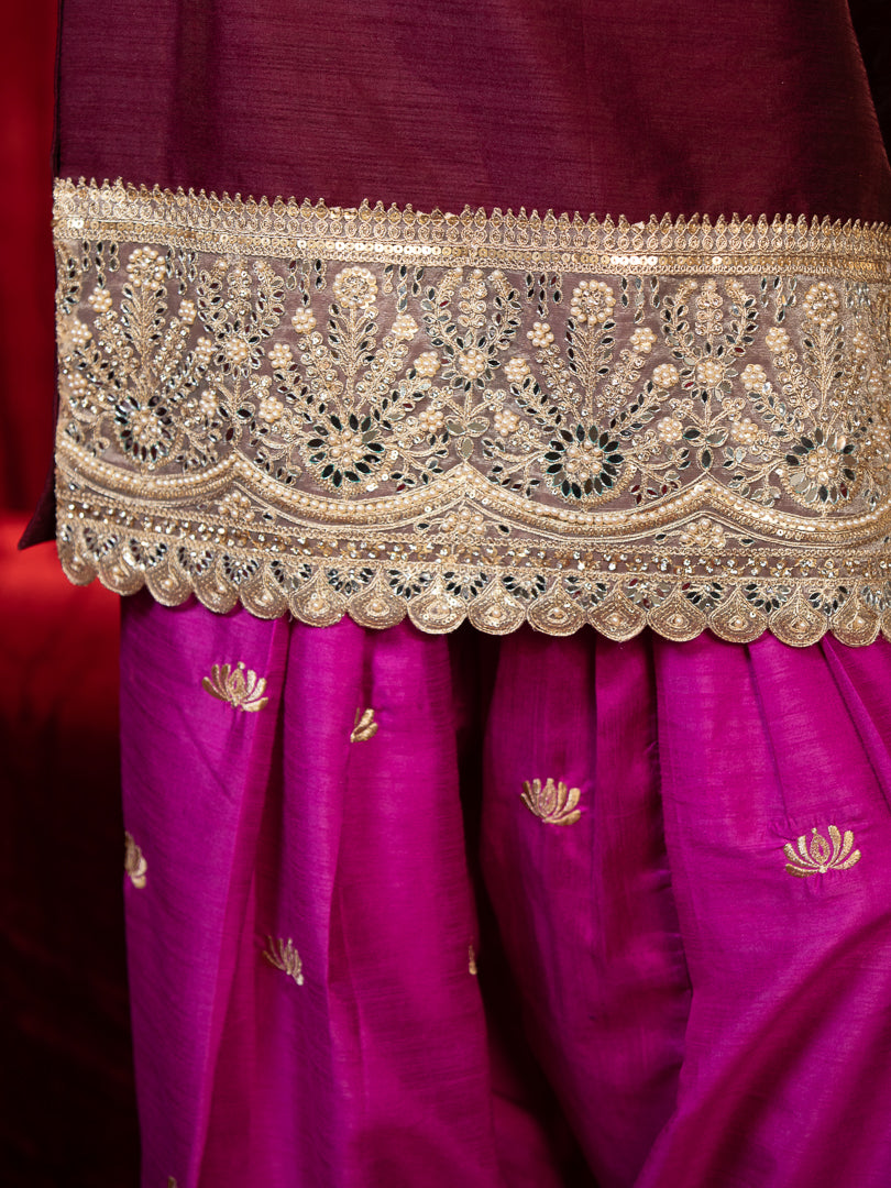 EVARA- Purple V-Neck Zari Embroidered Long Sleeve Raw Slik Kurta with Magenta Zari Farsi Salwar with Pockets & Organza Dupatta