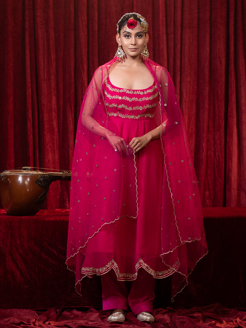 Mehraab- Magenta Zari Embroidered Georgette Sleeveless Anarkali Suit magenta