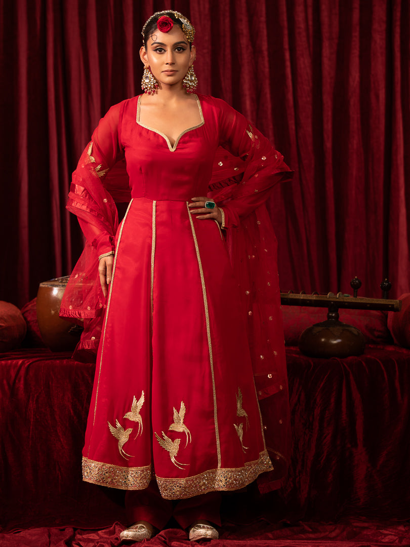 Noorani- Red Embroidered Georgette Backless Anarkali Suit Red