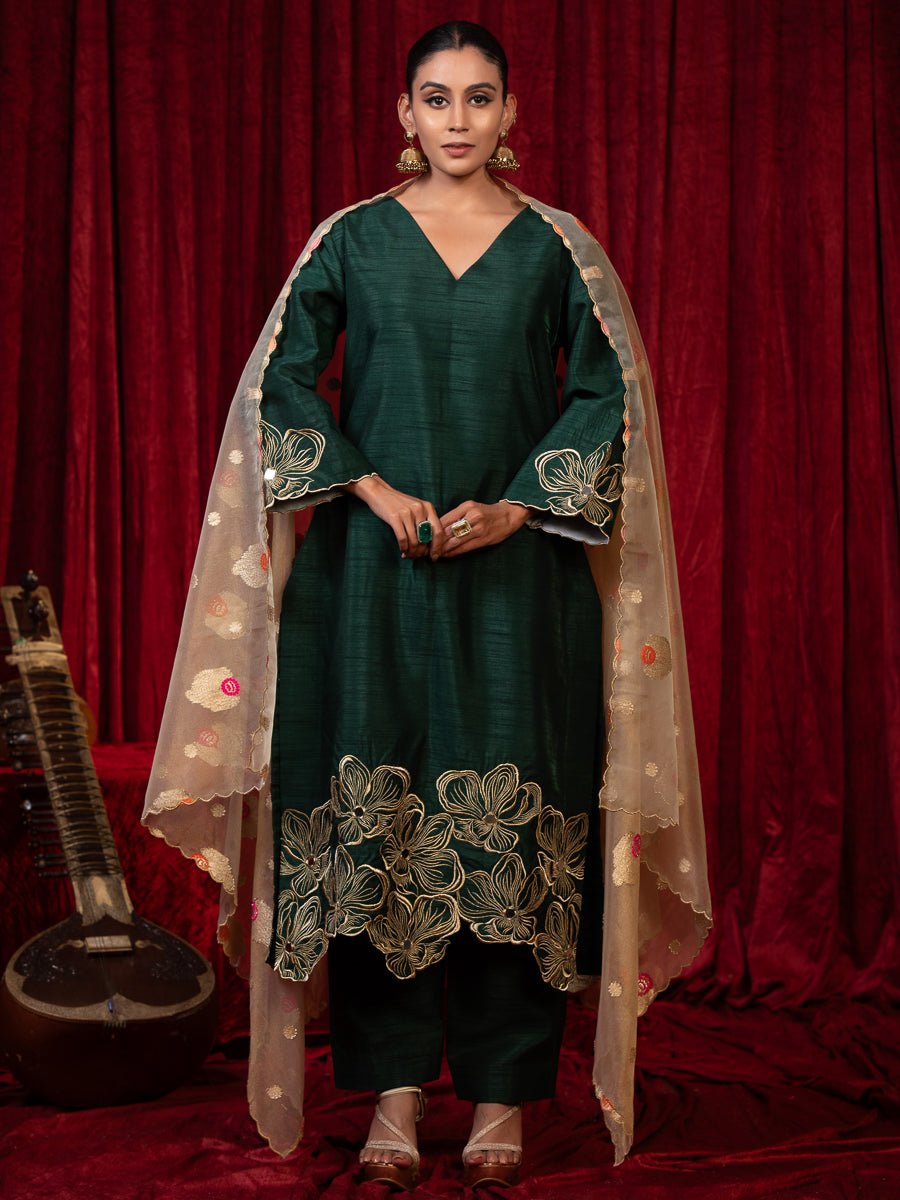 Naqsh- Green Zari Embroidered Silk Kurta Set with Dupatta Olive green