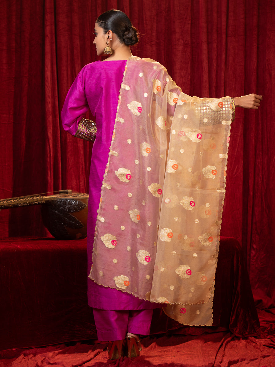 MIRAYA-Magenta Mirror Work V-Neck Full Sleeve Long Line Kurta Set with Side Pockets, Palazzo & Organza Dupatta