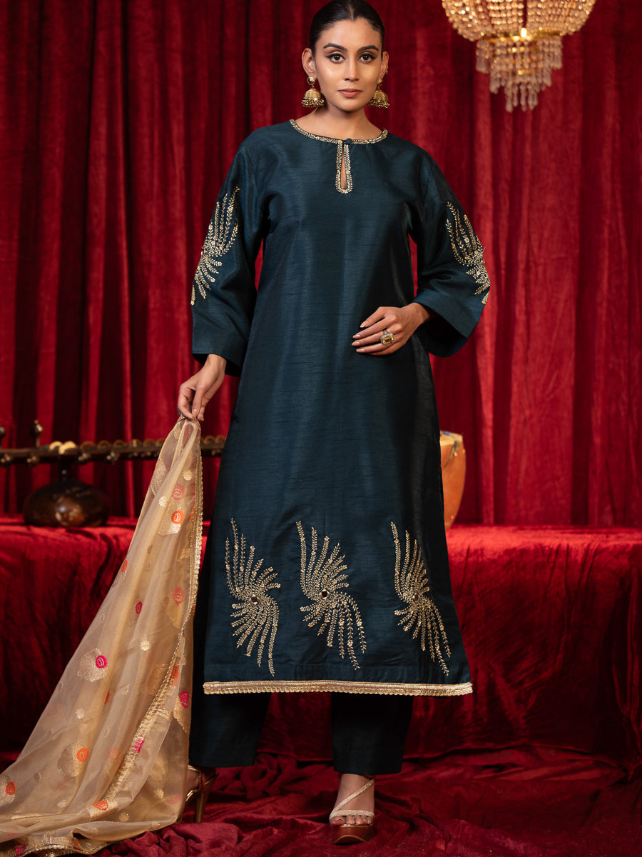 ZYRA-Electric Blue Zari Work Silk Kurta Set with Side Pockets, Palazzo & Organza Dupatta Blue