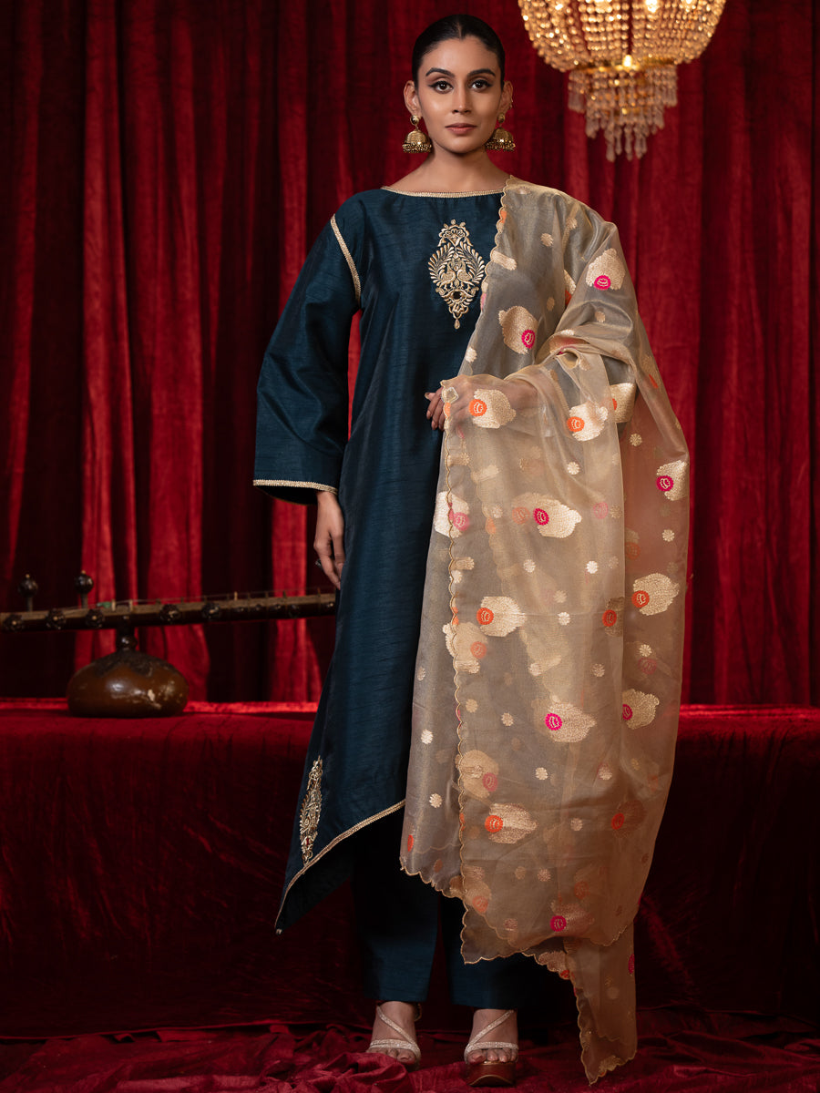 JYOTSNA-Electric Blue A-line Zari Work Silk Kurta Set with Side Pocket, Palazzo & Organza Dupatta