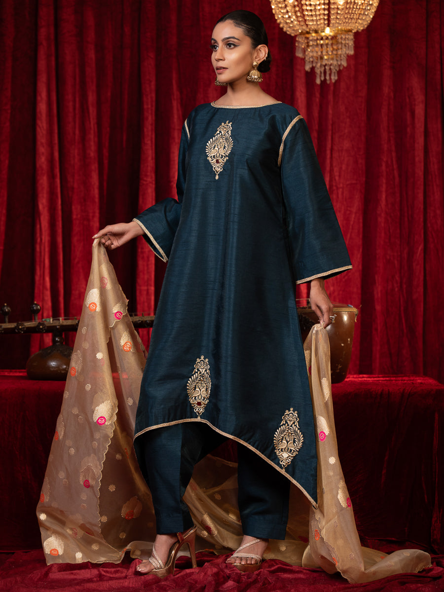 JYOTSNA-Electric Blue A-line Zari Work Silk Kurta Set with Side Pocket, Palazzo & Organza Dupatta