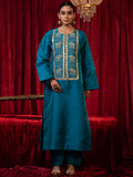 ZAREEN-Blue Round Neck Silk Kurta Palazzo Set with Zari Embroidery & Side Pockets Blue