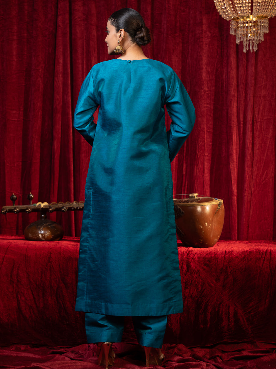 ZAREEN-Blue Round Neck Silk Kurta Palazzo Set with Zari Embroidery & Side Pockets