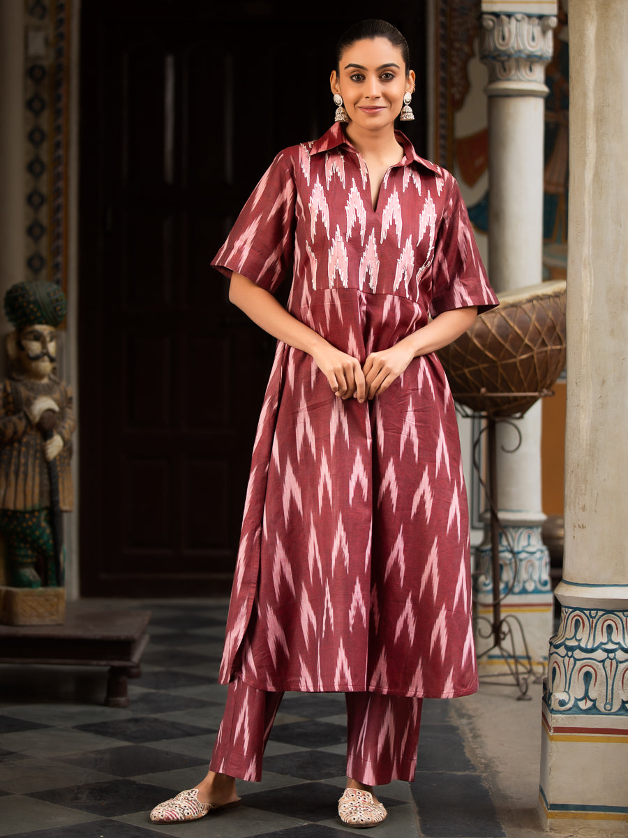 Ikkat Print Collared Kurta with Embroidery, Short Sleeves, Side Pocket & Curved Hem Palazzo Set Maroon