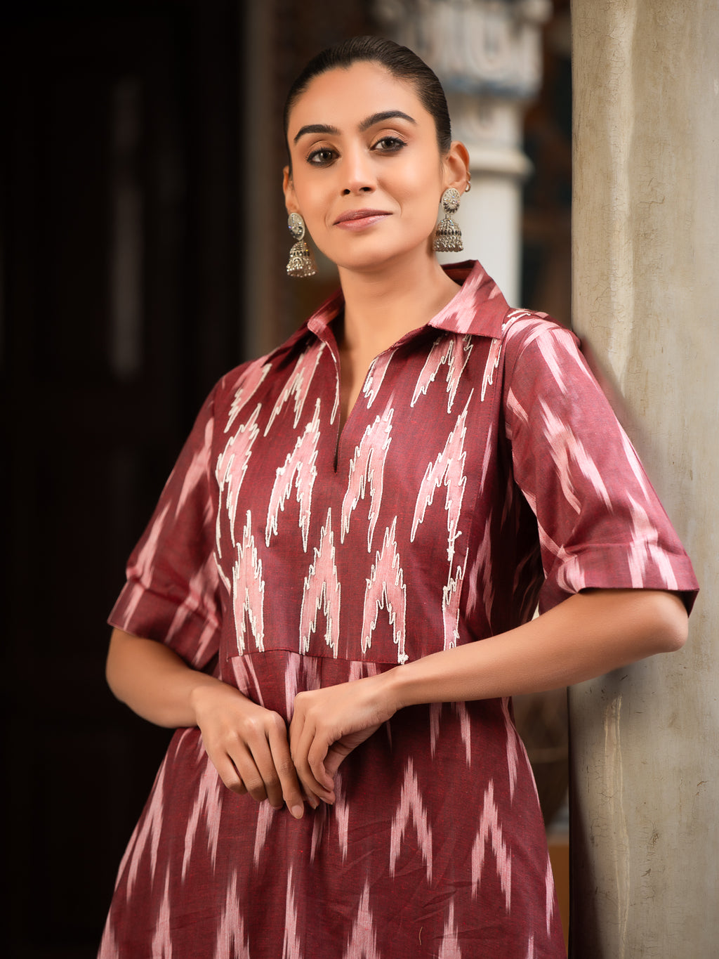 Ikkat Print Collared Kurta with Embroidery, Short Sleeves, Side Pocket & Curved Hem Palazzo Set