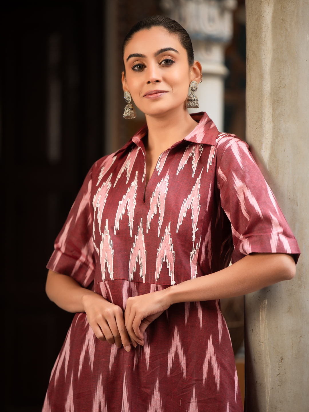 Ikkat Print Collared Kurta with Embroidery, Short Sleeves, Side Pocket & Curved Hem Palazzo Set