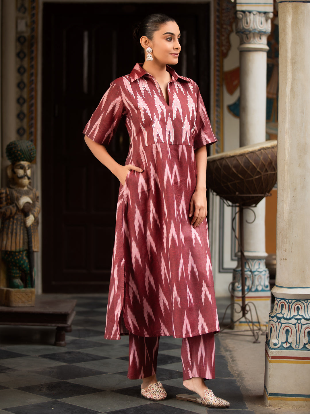 Ikkat Print Collared Kurta with Embroidery, Short Sleeves, Side Pocket & Curved Hem Palazzo Set