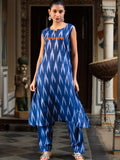 Ikkat Print Sleeveless Round-Neck Embroidered Kurta with Side Pockets & Palazzo Set Navy