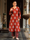 Printed Round-Neck 3/4 Sleeve Cotton Kurta with Side Pocket & Curved Hem Palazzo Set Maroon