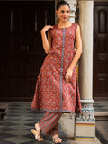 Maroon Ajrakh Print Sleeveless Cotton Button-Down Kurta with Side Pockets & Paired with Palazzo Set Maroon