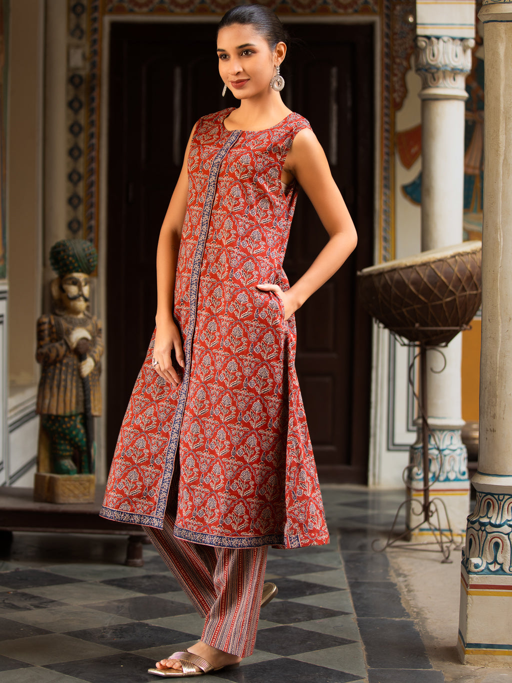 Maroon Ajrakh Print Sleeveless Cotton Button-Down Kurta with Side Pockets & Paired with Palazzo Set