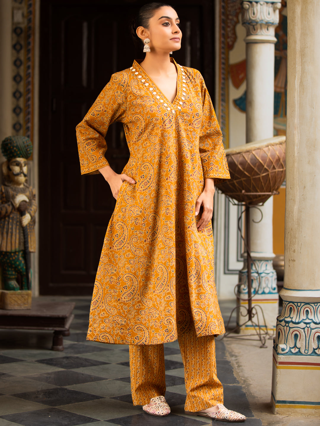 Printed A-Line Cotton Kurta with V-Neck, Quarter Sleeves & Side Pocket Palazzo Set