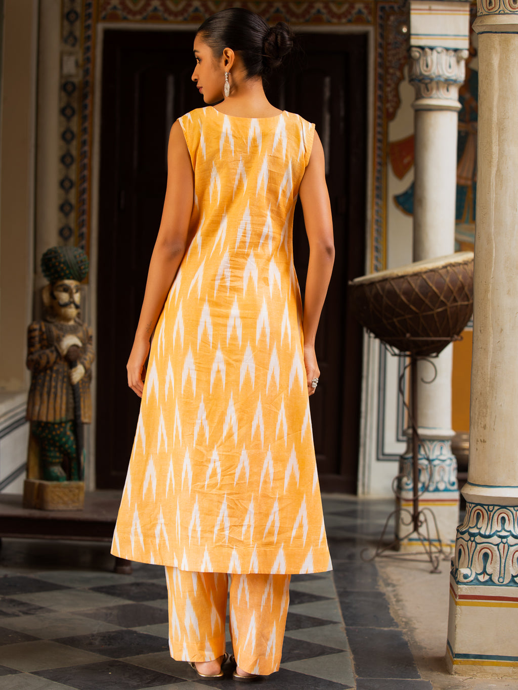 Ikkat Print Sleeveless Round-Neck Embroidered Kurta with Side Pockets & Palazzo Set