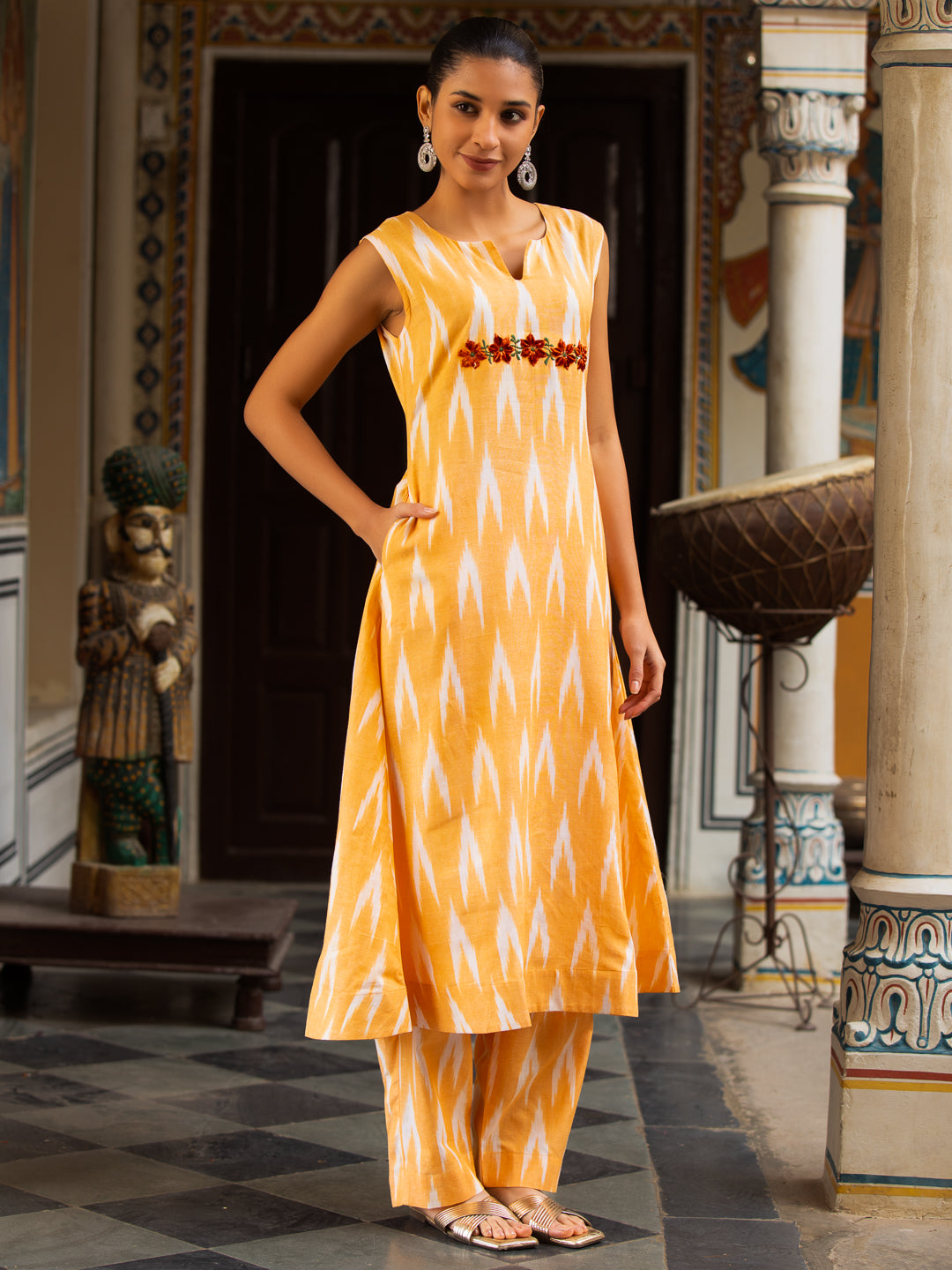 Ikkat Print Sleeveless Round-Neck Embroidered Kurta with Side Pockets & Palazzo Set