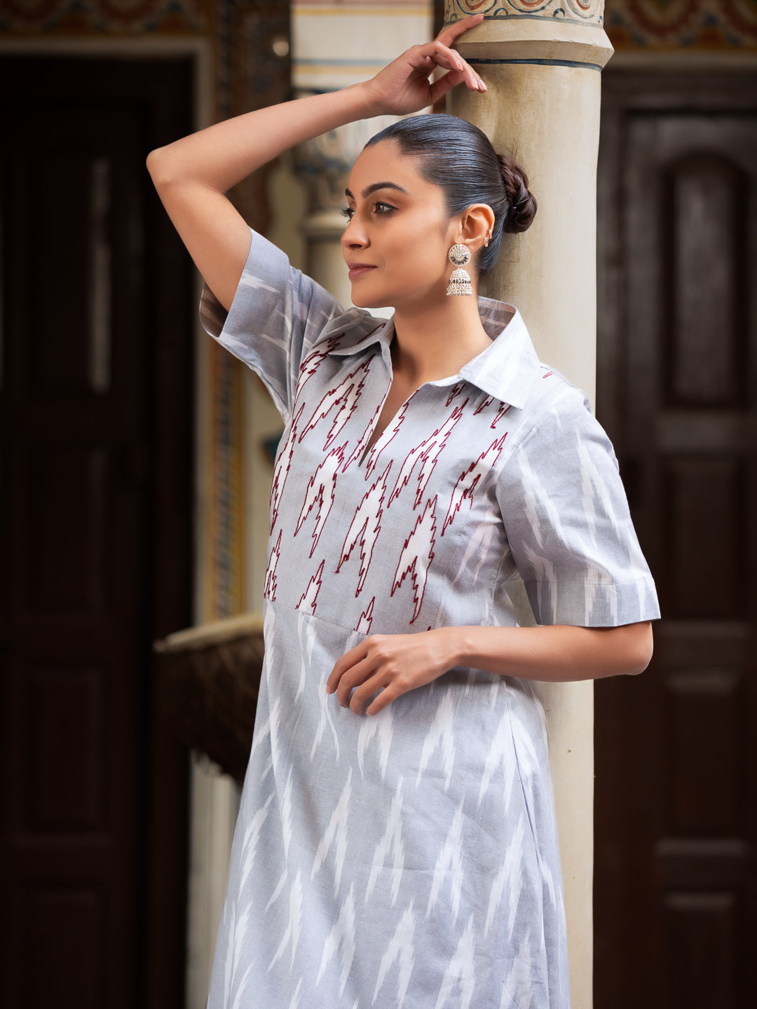 Ikkat Print Collared Kurta with Embroidery, Short Sleeves, Side Pocket & Curved Hem Palazzo Set