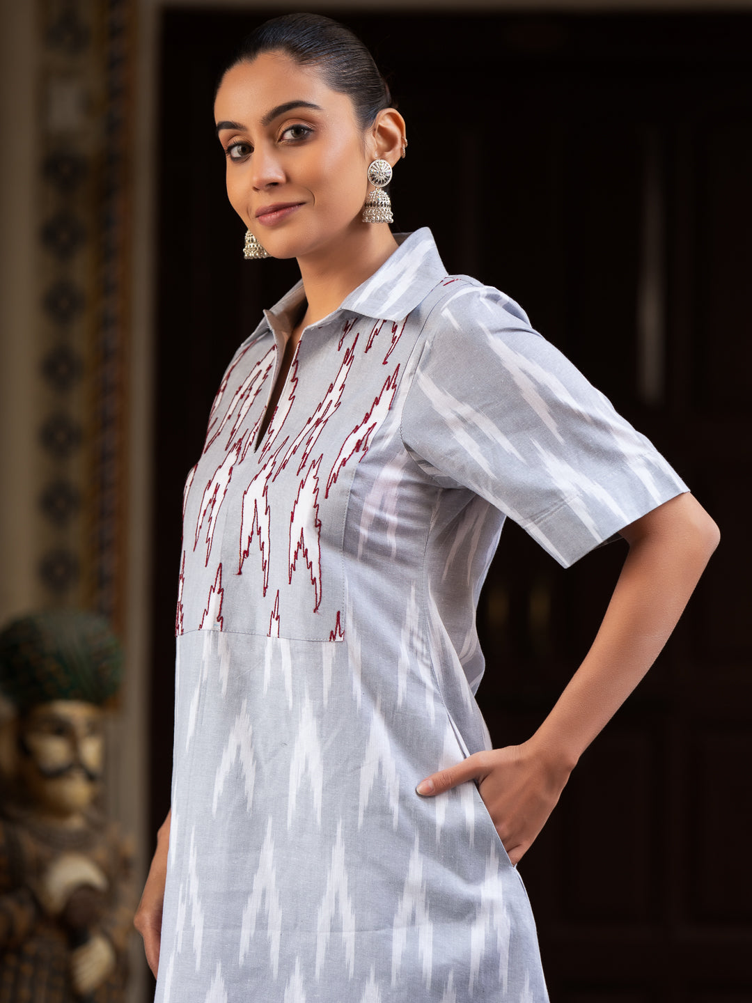 Ikkat Print Collared Kurta with Embroidery, Short Sleeves, Side Pocket & Curved Hem Palazzo Set