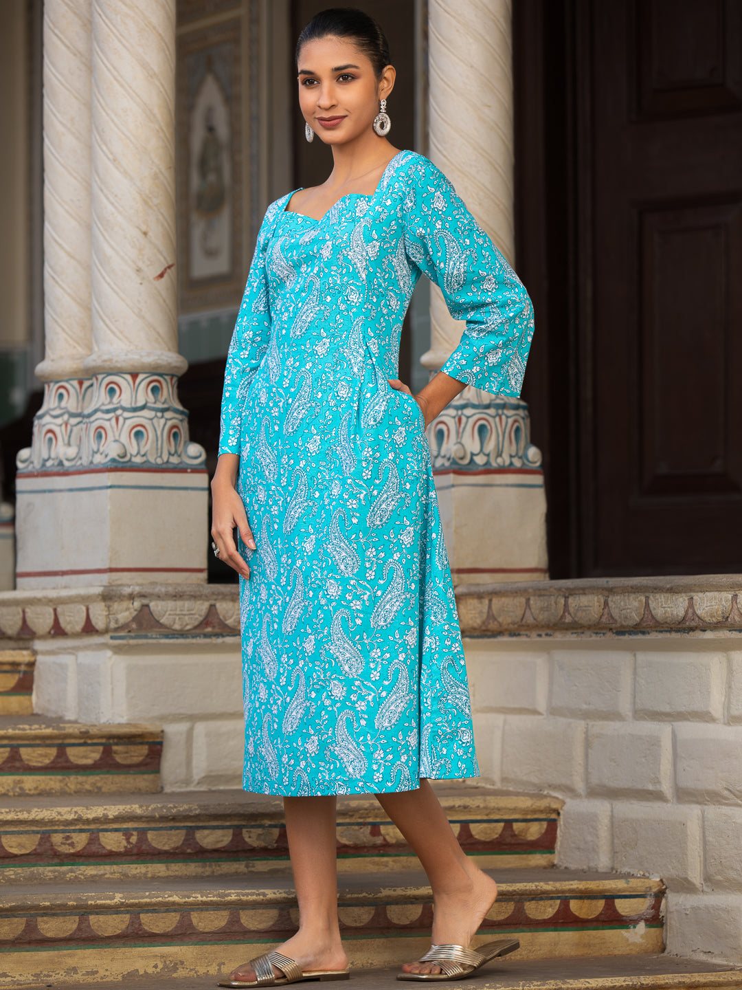 NARGIS-Women Turquoise Blue Paisley Printed Cotton Dress with Square Neck & Corset Back