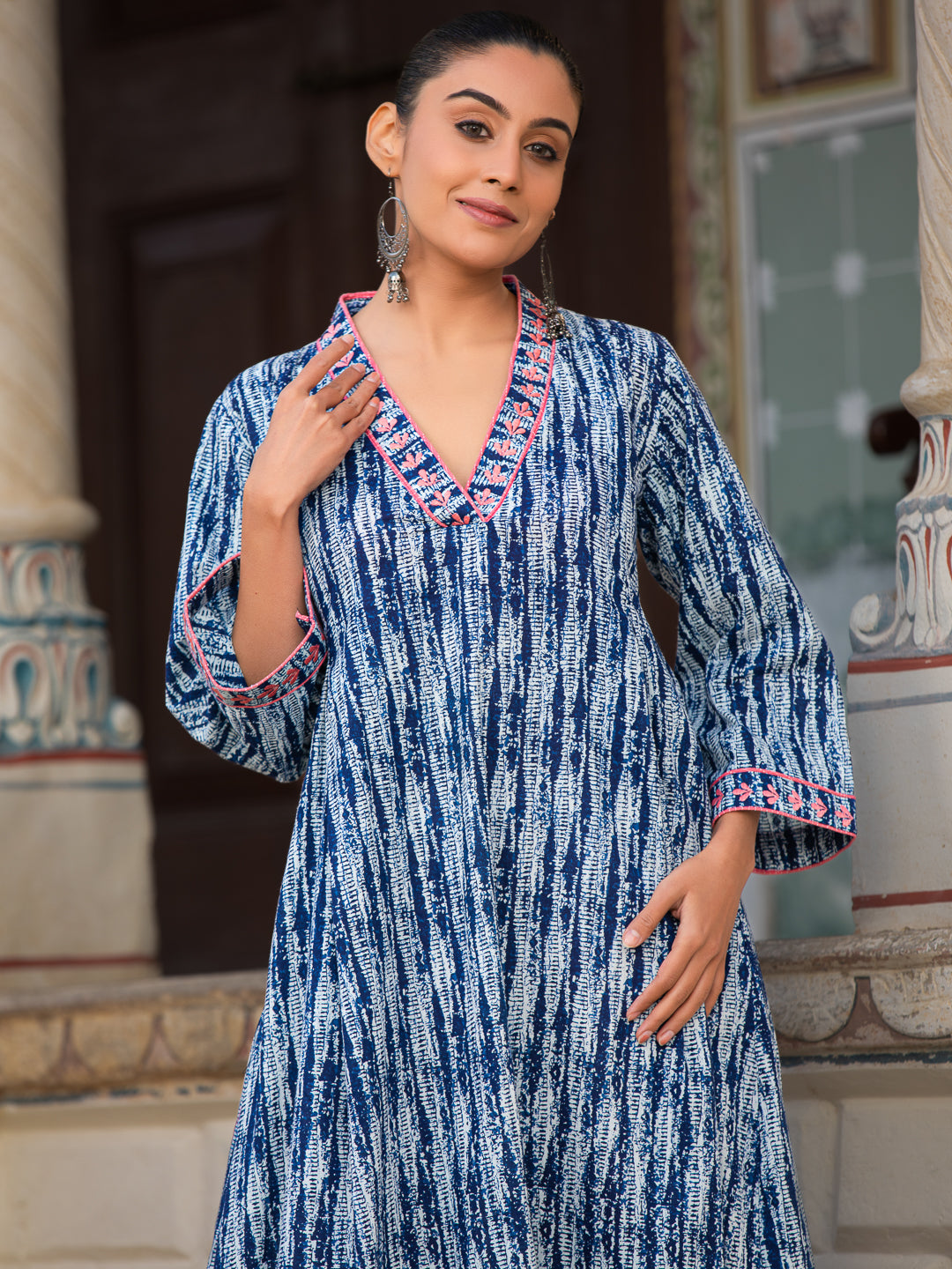 NEERJA-  Women Navy Blue Printed Cotton V-Neck Dress with Side Pockets