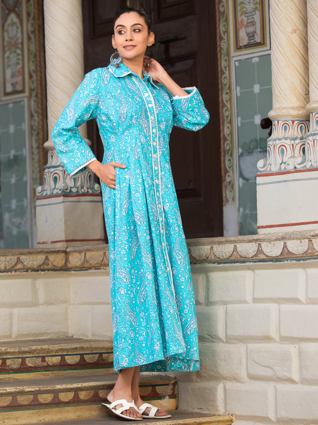 MALLIKA- Women Turquoise Blue Paisley Printed Long Sleeve Cotton Shirt Dress with Lace Trim & Side Pocket