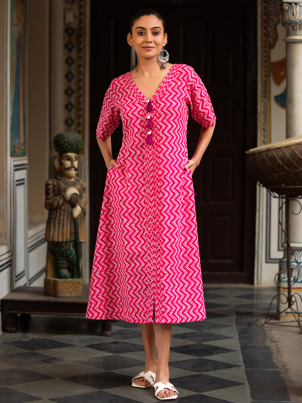 GULMOHAR-Women Pink Printed Cotton V-Neck Dress with Pintuck Detail & Side Pockets