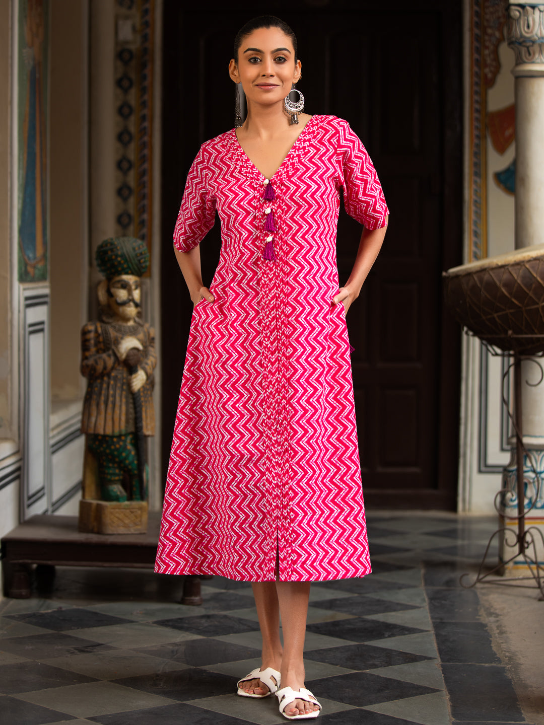 GULMOHAR-Women Pink Printed Cotton V-Neck Dress with Pintuck Detail & Side Pockets