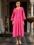 PALASH-Women Pink Printed Cotton Round-Neck Dress with Lace Detail & Side Pockets
