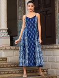 SHIULI-Women Navy Blue Printed Cotton Noodle Strap Dress with Side Tie-Up & Pockets
