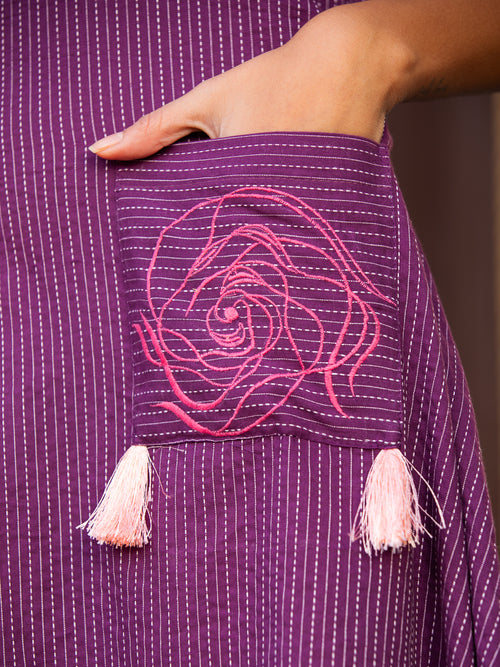 Anikrriti Women Purple Solid Cotton A-Line Dress with Embroidered Patch Pockets