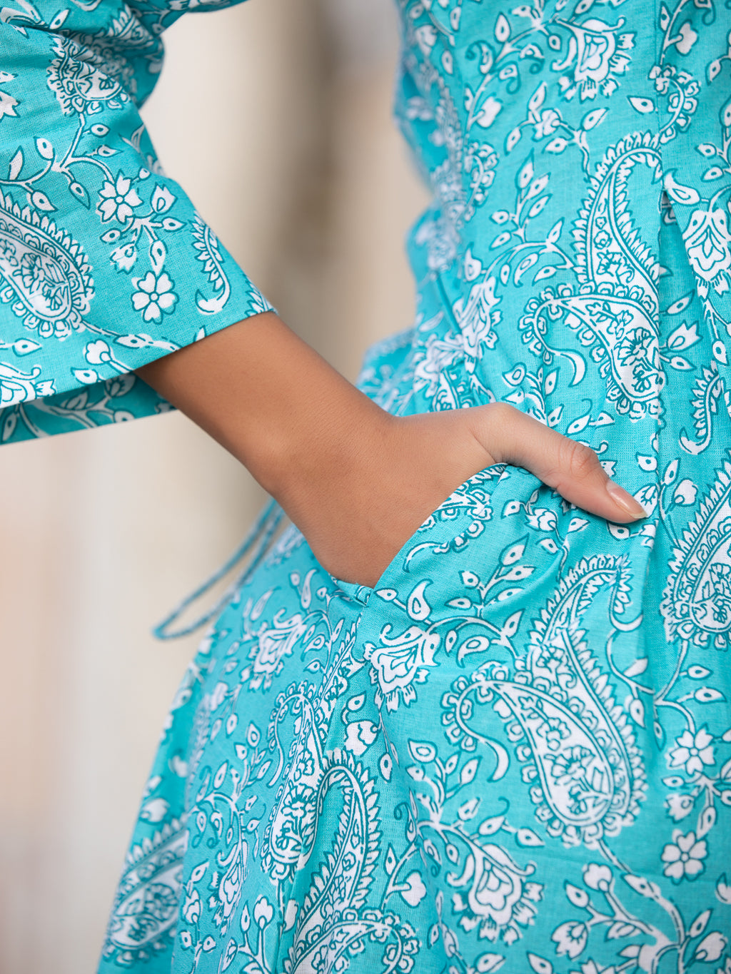 NARGIS-Women Turquoise Blue Paisley Printed Cotton Dress with Square Neck & Corset Back