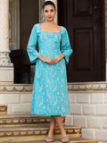 NARGIS-Women Turquoise Blue Paisley Printed Cotton Dress with Square Neck & Corset Back